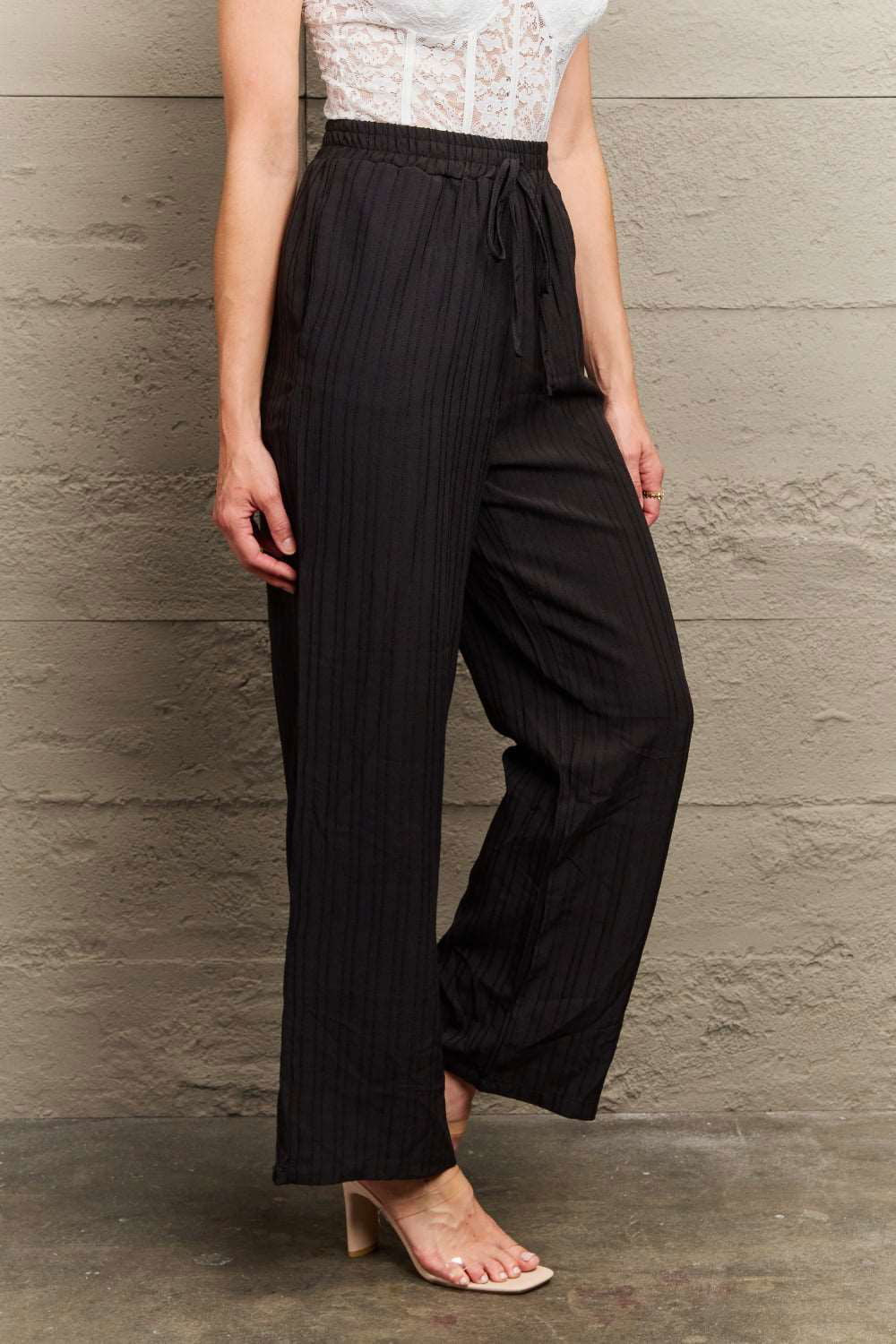 Black Tie Waist Long Pants - Hassle Free Cart