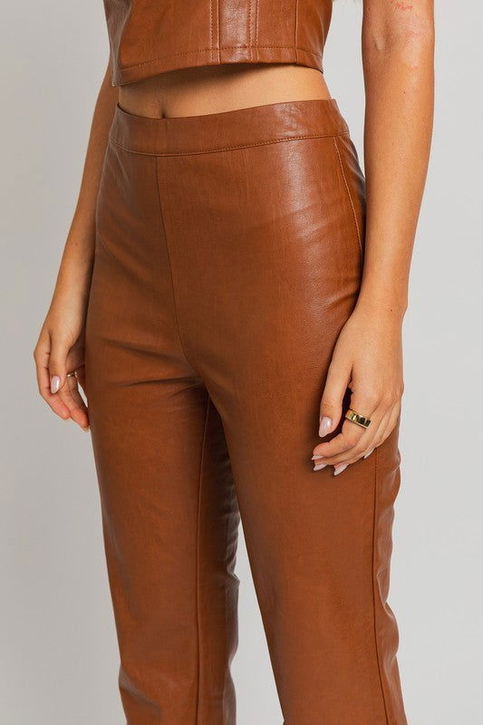 Brown Faux Leather Straight Pants - Hassle Free Cart