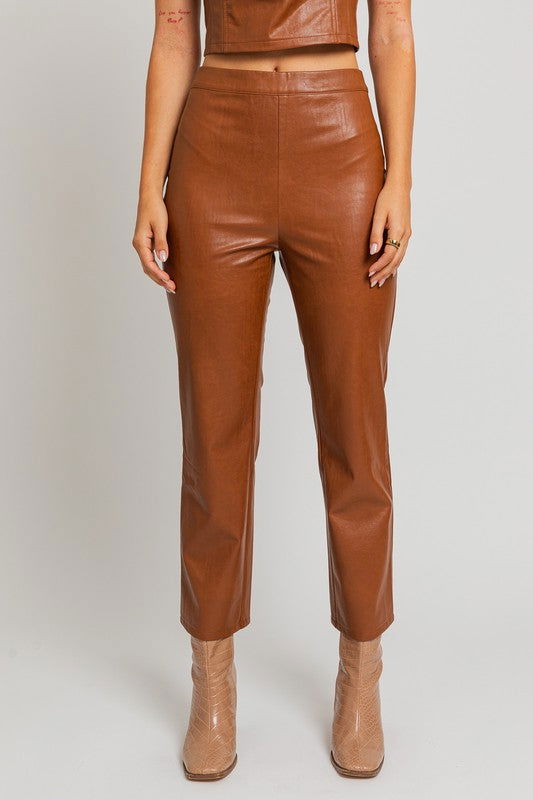 Brown Faux Leather Straight Pants - Hassle Free Cart