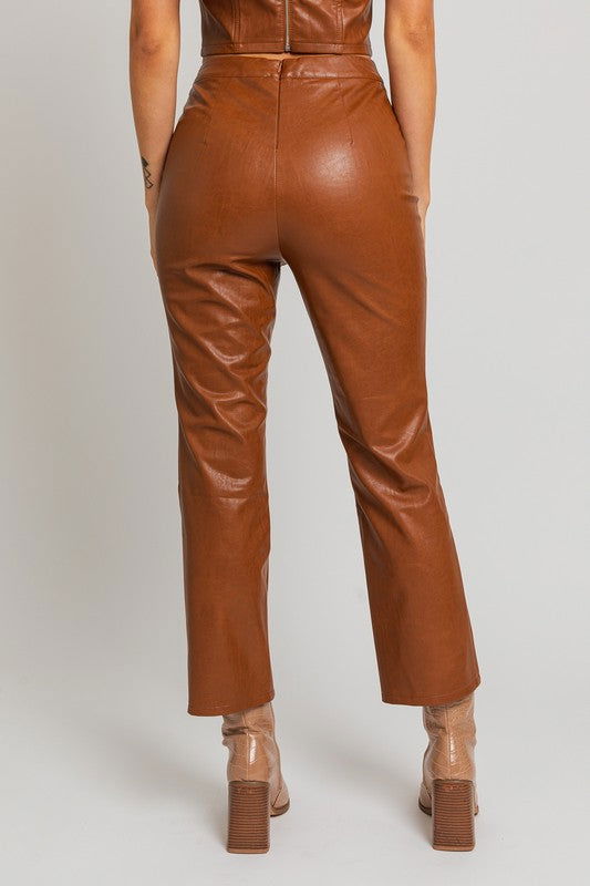 Brown Faux Leather Straight Pants - Hassle Free Cart