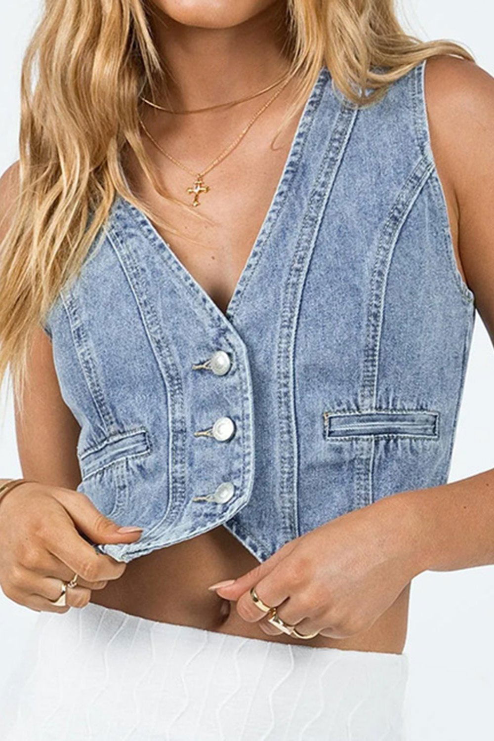 Button Up Sleeveless Denim Top - Hassle Free Cart