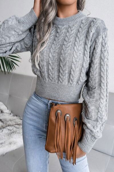 Cable-Knit Round Neck Sweater - Hassle Free Cart