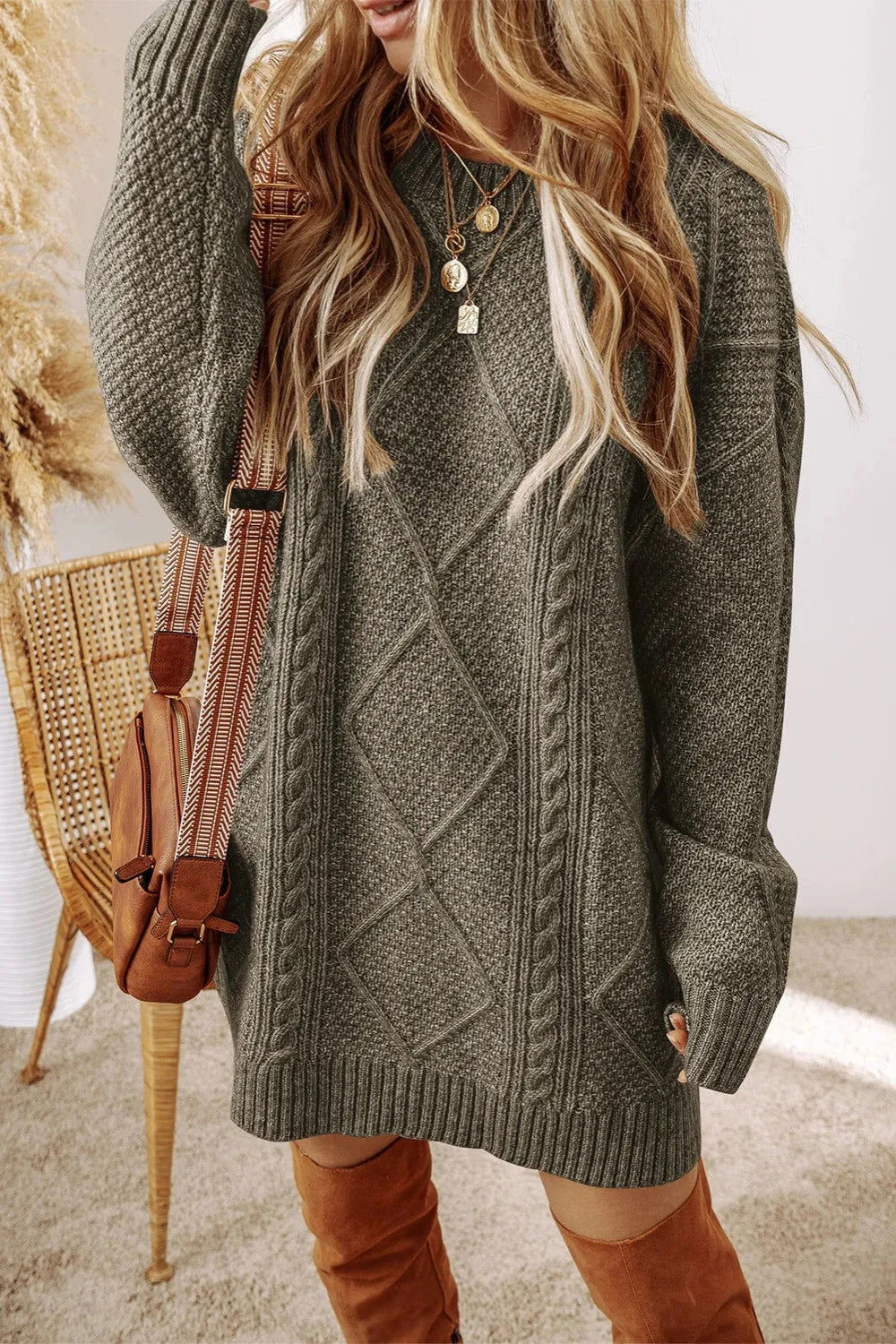 Cable-Knit Round Neck Sweater Dress - Hassle Free Cart