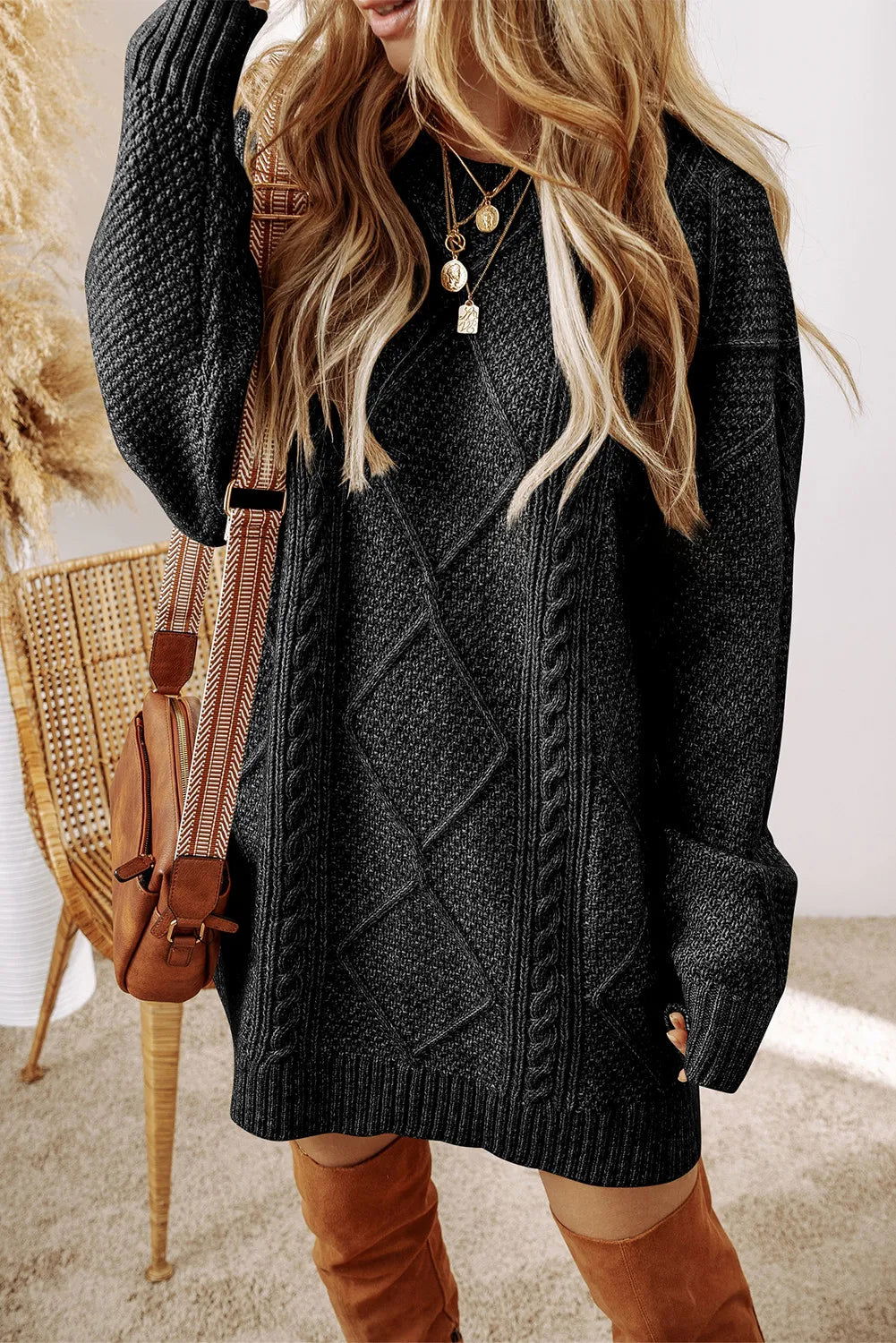 Cable-Knit Round Neck Sweater Dress - Hassle Free Cart