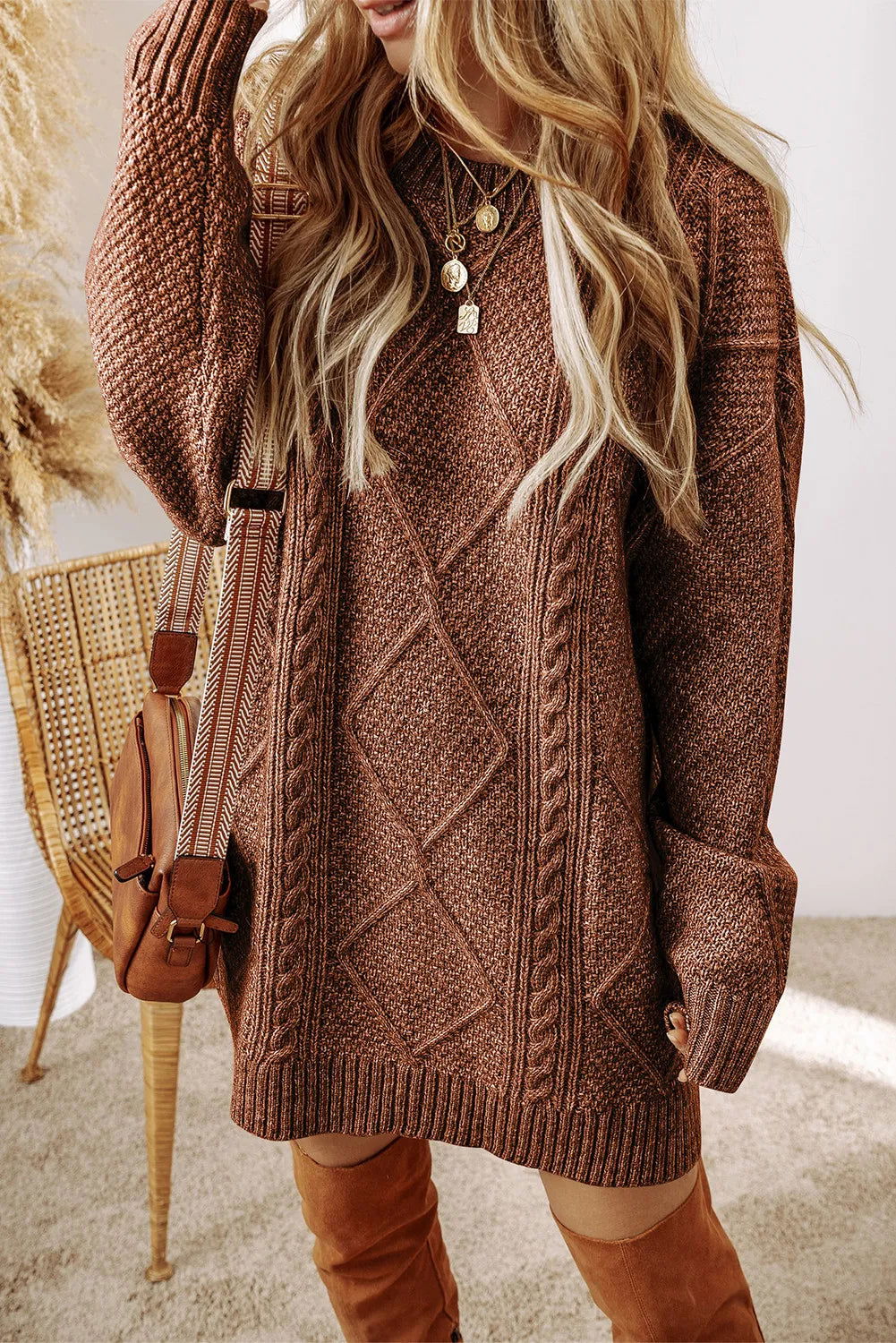 Cable-Knit Round Neck Sweater Dress - Hassle Free Cart