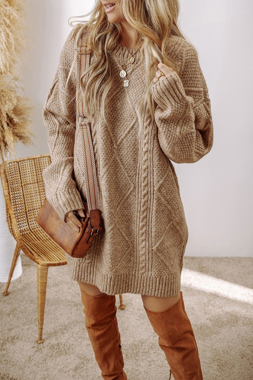 Cable-Knit Round Neck Sweater Dress - Hassle Free Cart