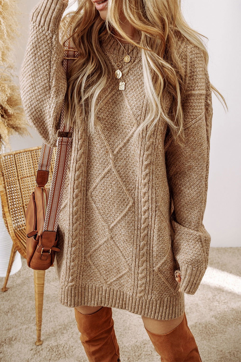 Cable-Knit Round Neck Sweater Dress - Hassle Free Cart