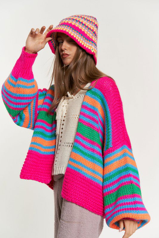 Chunky Knit Multi-Striped Open Sweater Cardigan - Hassle Free Cart