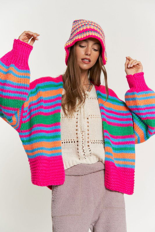 Chunky Knit Multi-Striped Open Sweater Cardigan - Hassle Free Cart