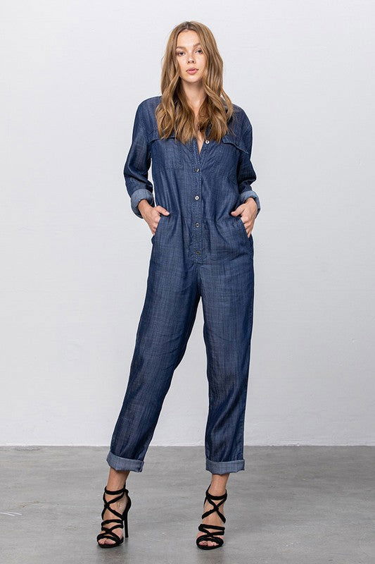 Collared Button Front Tencel Jumpsuit - Hassle Free Cart