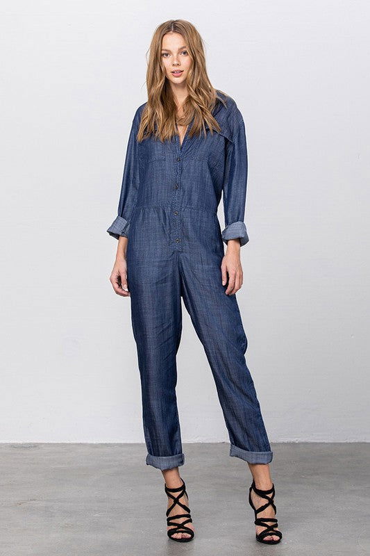 Collared Button Front Tencel Jumpsuit - Hassle Free Cart