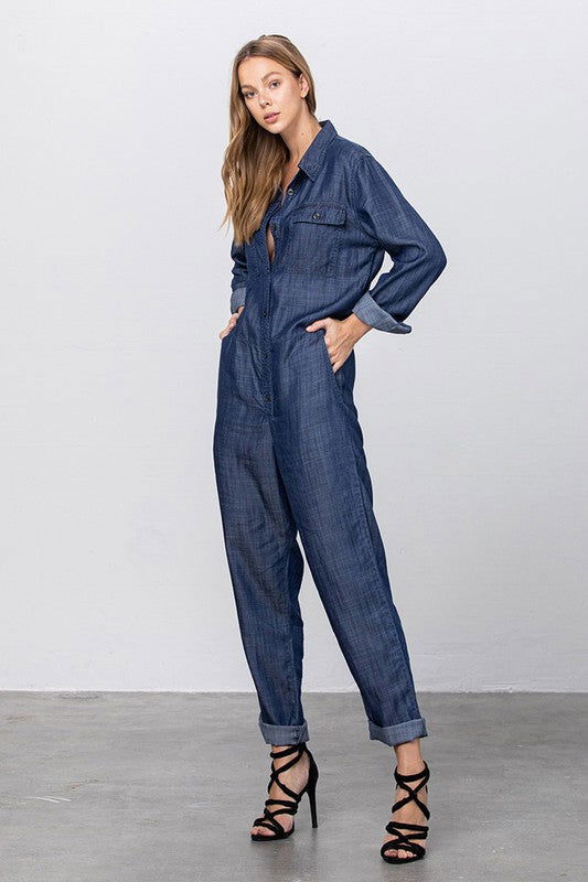 Collared Button Front Tencel Jumpsuit - Hassle Free Cart