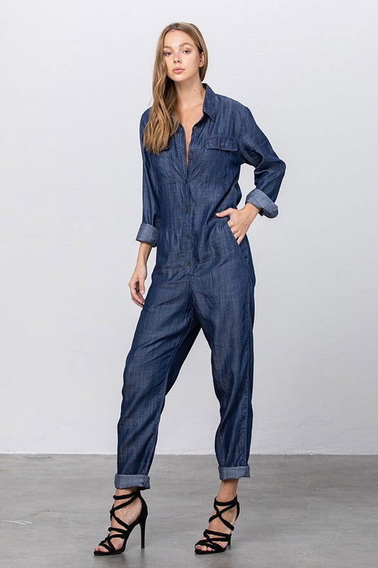 Collared Button Front Tencel Jumpsuit - Hassle Free Cart