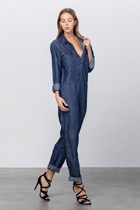 Collared Button Front Tencel Jumpsuit - Hassle Free Cart