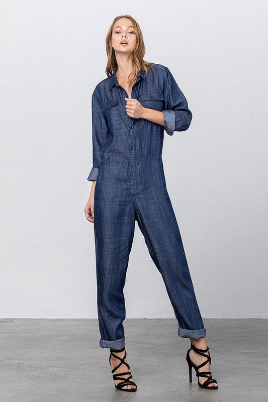 Collared Button Front Tencel Jumpsuit - Hassle Free Cart