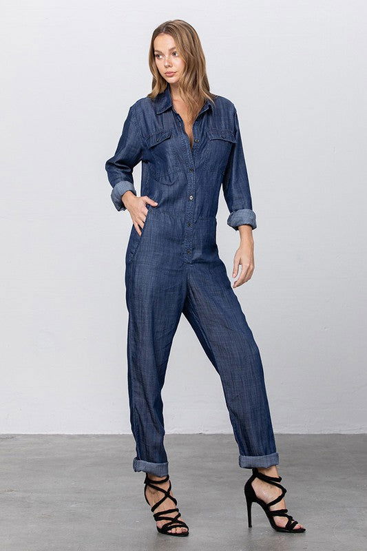 Collared Button Front Tencel Jumpsuit - Hassle Free Cart