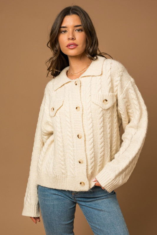 Collared Cable Sweater Cardigan - Hassle Free Cart