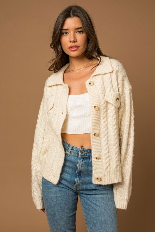 Collared Cable Sweater Cardigan - Hassle Free Cart