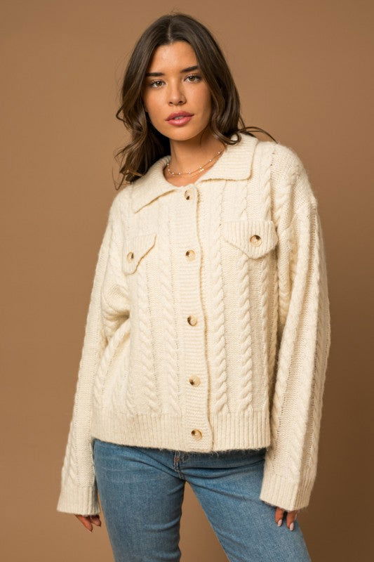 Collared Cable Sweater Cardigan - Hassle Free Cart