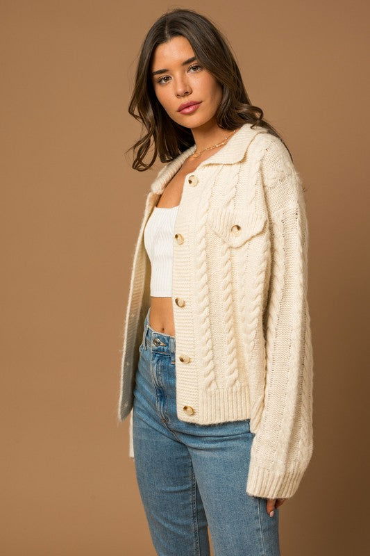 Collared Cable Sweater Cardigan - Hassle Free Cart