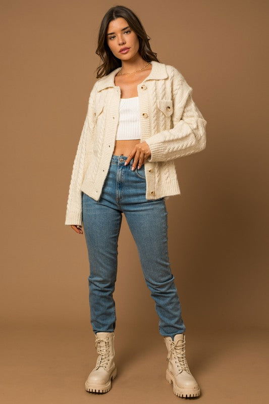 Collared Cable Sweater Cardigan - Hassle Free Cart