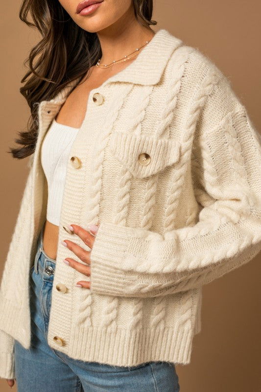 Collared Cable Sweater Cardigan - Hassle Free Cart