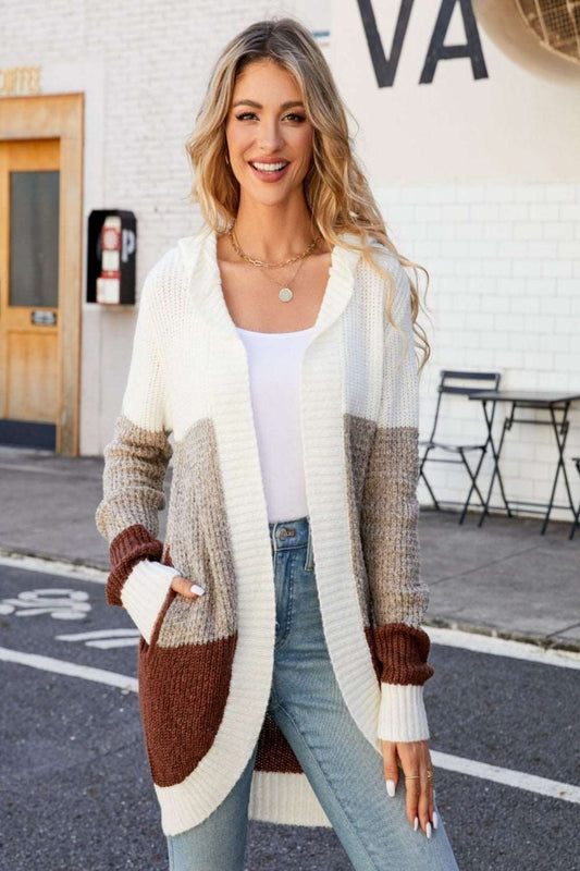 Color Block Open Front Hooded Cardigan - Hassle Free Cart