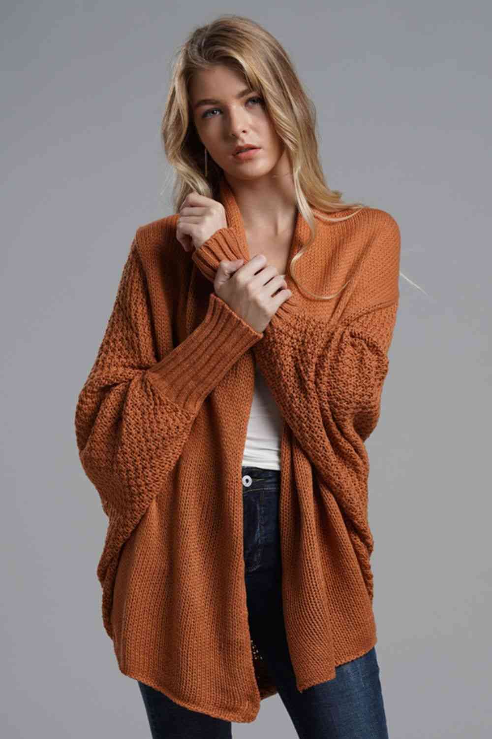 Double Take Dolman Sleeve Open Front Ribbed Trim Longline Cardigan | Hassle Free Cart