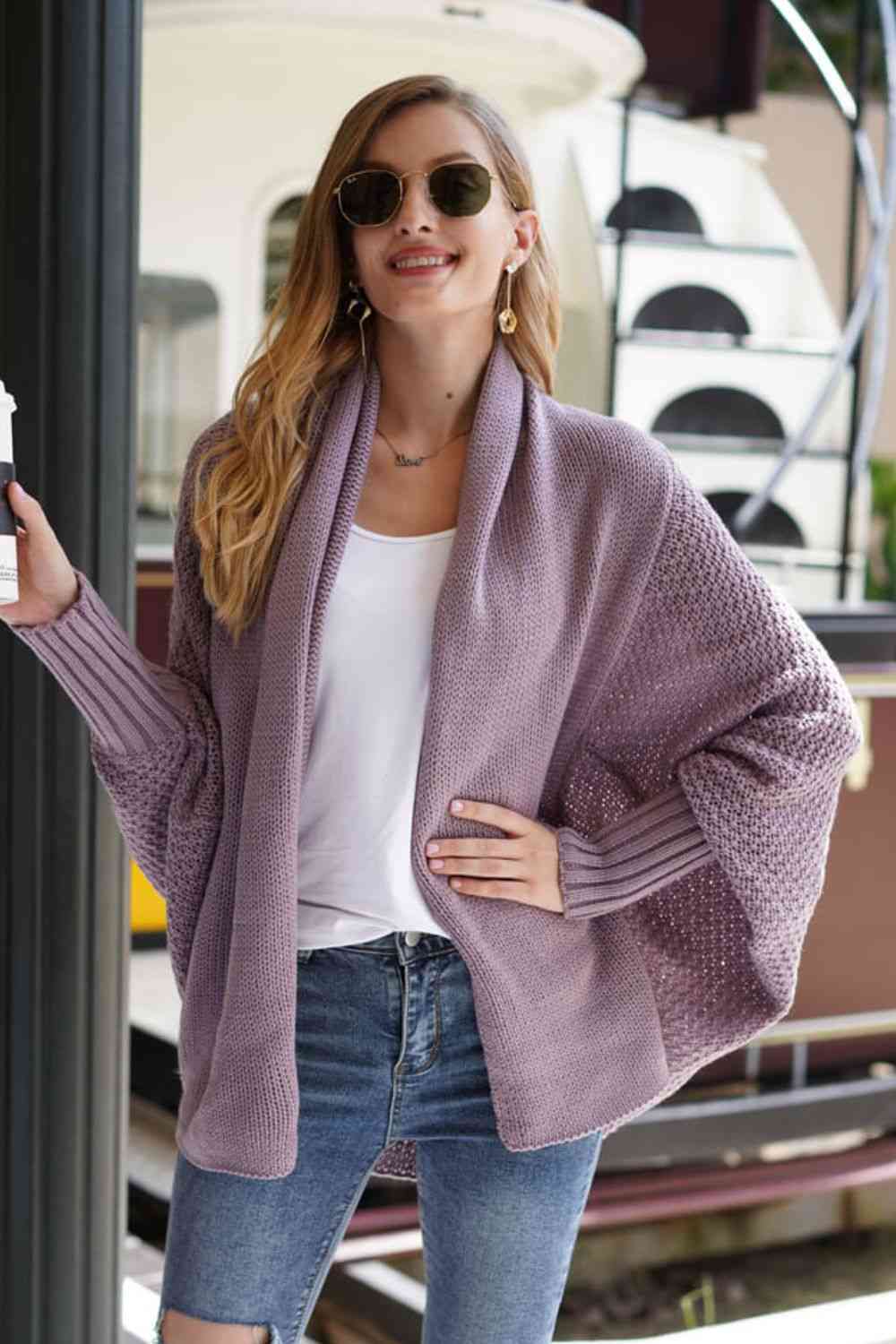 Double Take Dolman Sleeve Open Front Ribbed Trim Longline Cardigan | Hassle Free Cart