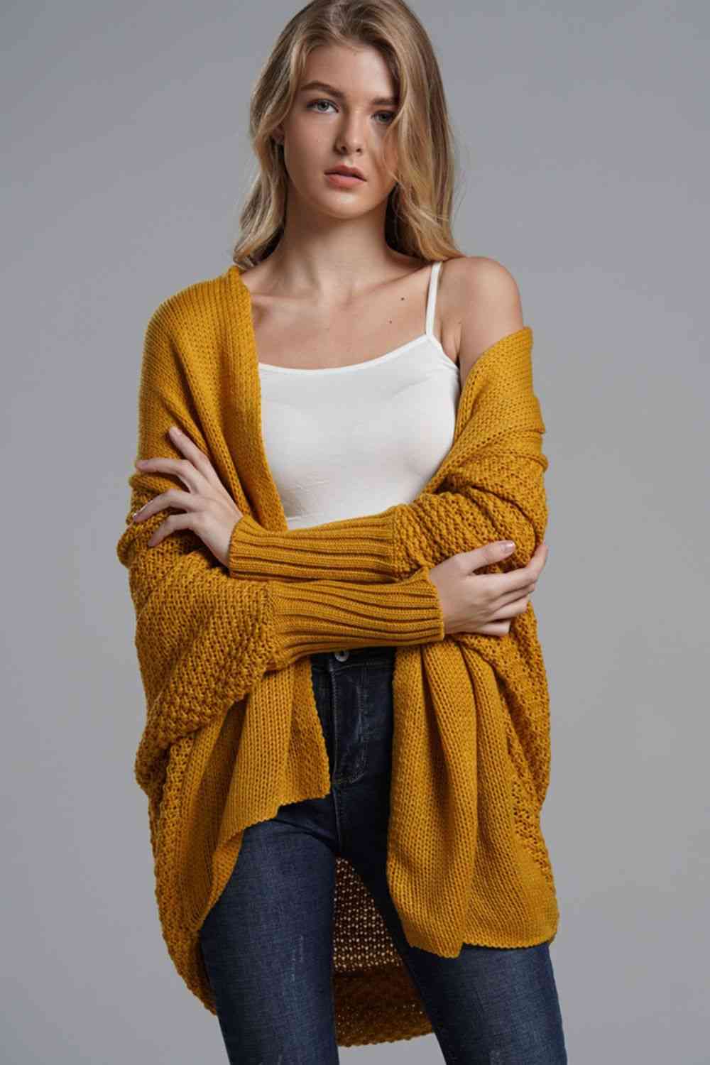 Double Take Dolman Sleeve Open Front Ribbed Trim Longline Cardigan | Hassle Free Cart