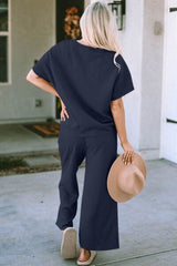 Double Take Full Size Texture Short Sleeve Top and Pants Set | Hassle Free Cart