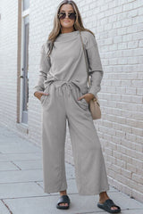 Double Take Full Size Textured Long Sleeve Top and Drawstring Pants Set | Hassle Free Cart