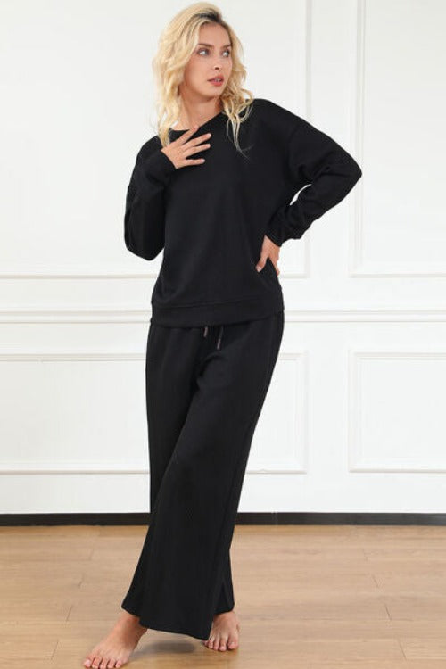 Double Take Full Size Textured Long Sleeve Top and Drawstring Pants Set | Hassle Free Cart