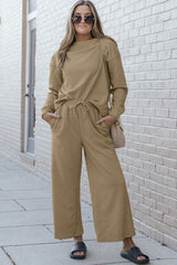 Double Take Full Size Textured Long Sleeve Top and Drawstring Pants Set | Hassle Free Cart