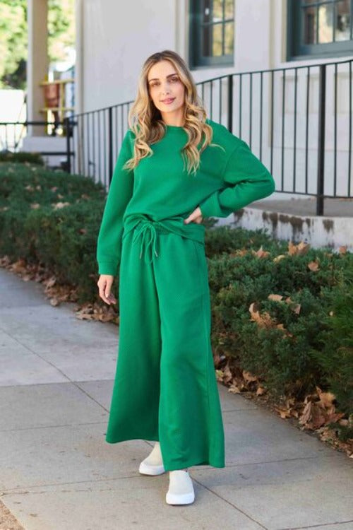 Double Take Full Size Textured Long Sleeve Top and Drawstring Pants Set | Hassle Free Cart