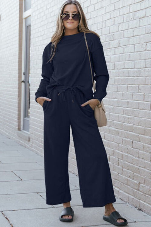 Double Take Full Size Textured Long Sleeve Top and Drawstring Pants Set | Hassle Free Cart