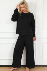 Double Take Full Size Textured Long Sleeve Top and Drawstring Pants Set | Hassle Free Cart