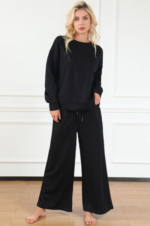 Double Take Full Size Textured Long Sleeve Top and Drawstring Pants Set | Hassle Free Cart