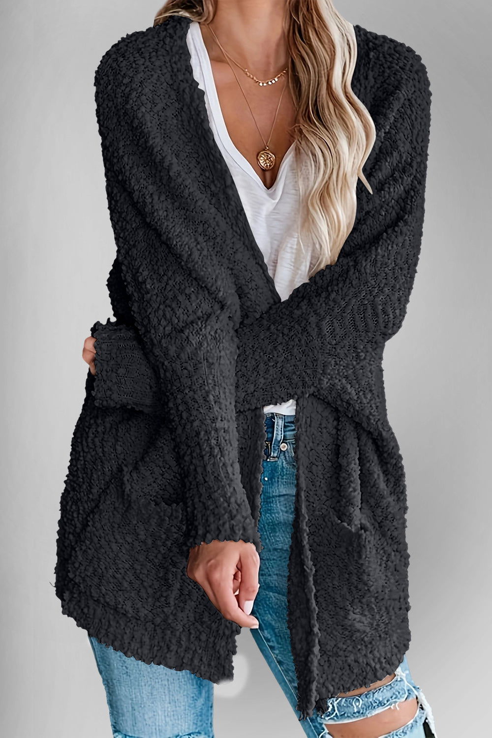 Double Take Pocketed Open Front Long Sleeve Cardigan - Hassle Free Cart