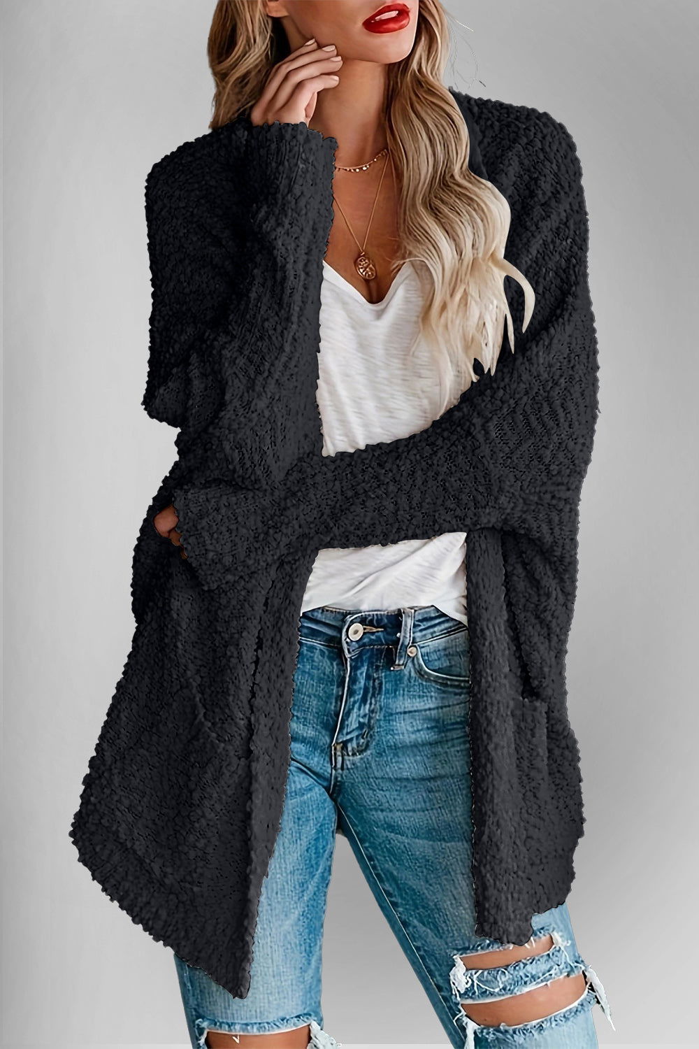 Double Take Pocketed Open Front Long Sleeve Cardigan - Hassle Free Cart