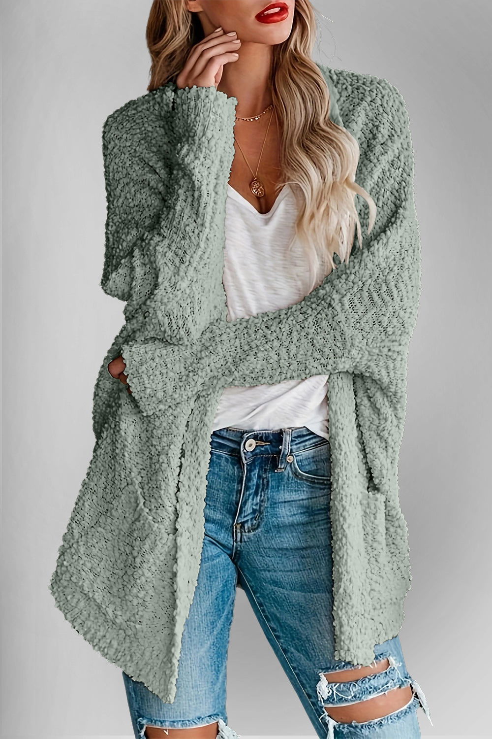 Double Take Pocketed Open Front Long Sleeve Cardigan - Hassle Free Cart