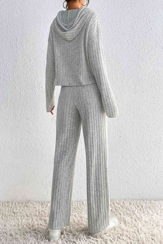 Drawstring Ribbed Hoodie and Straight Leg Pants Set | Hassle Free Cart