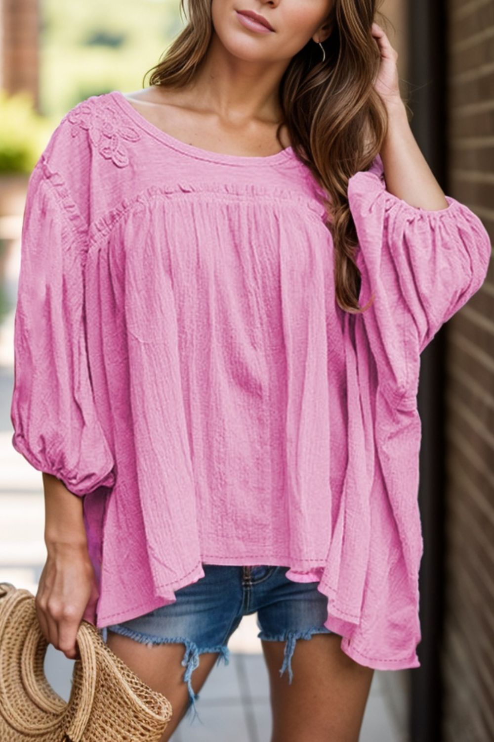 Dropped Shoulder Round Neck Blouse - Hassle Free Cart