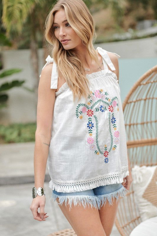 Embroidered Sleeveless Ruffle Tank Top - Hassle Free Cart