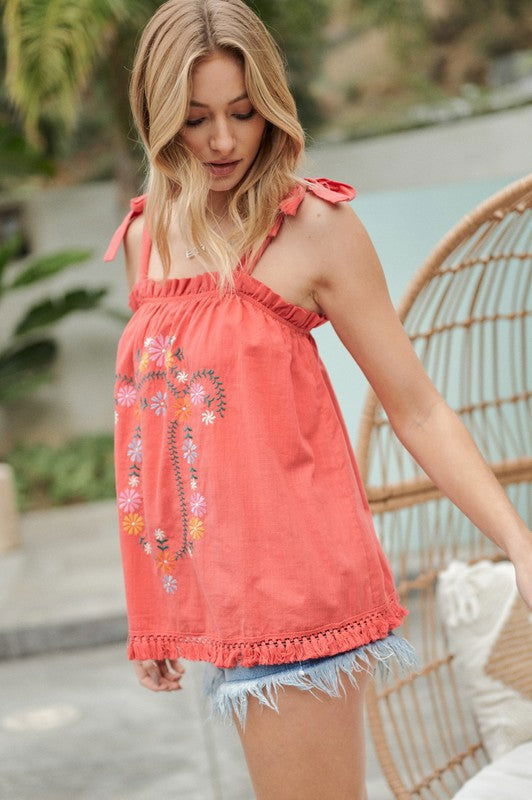 Embroidered Sleeveless Ruffle Tank Top - Hassle Free Cart