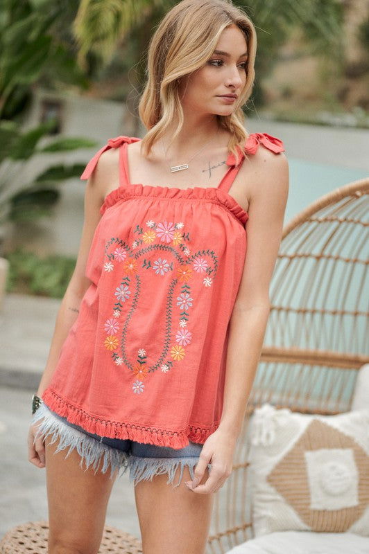 Embroidered Sleeveless Ruffle Tank Top - Hassle Free Cart