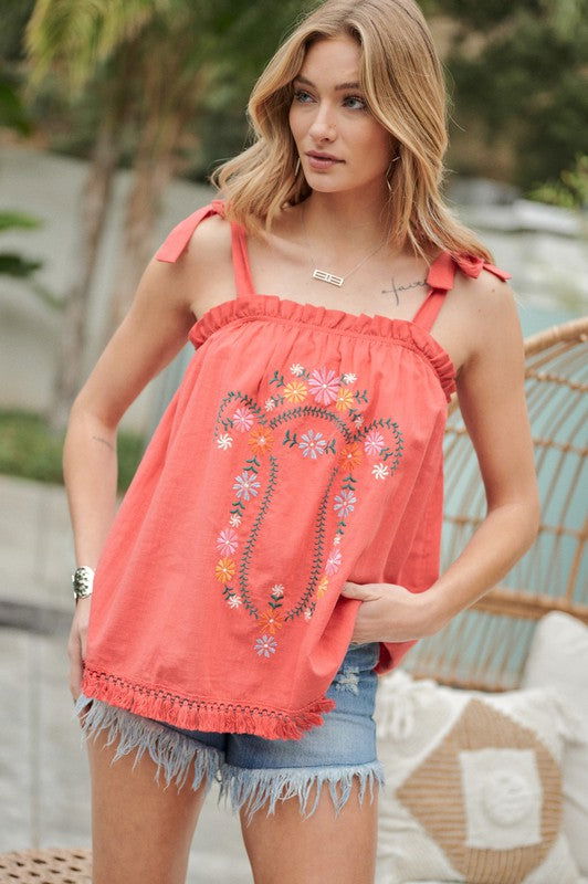 Embroidered Sleeveless Ruffle Tank Top - Hassle Free Cart