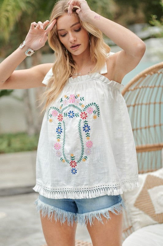 Embroidered Sleeveless Ruffle Tank Top - Hassle Free Cart