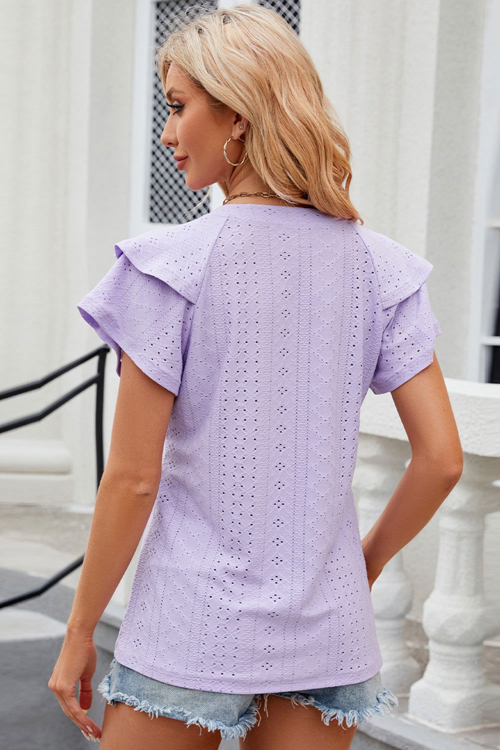 Eyelet Notched Flutter Sleeve T-Shirt - Hassle Free Cart