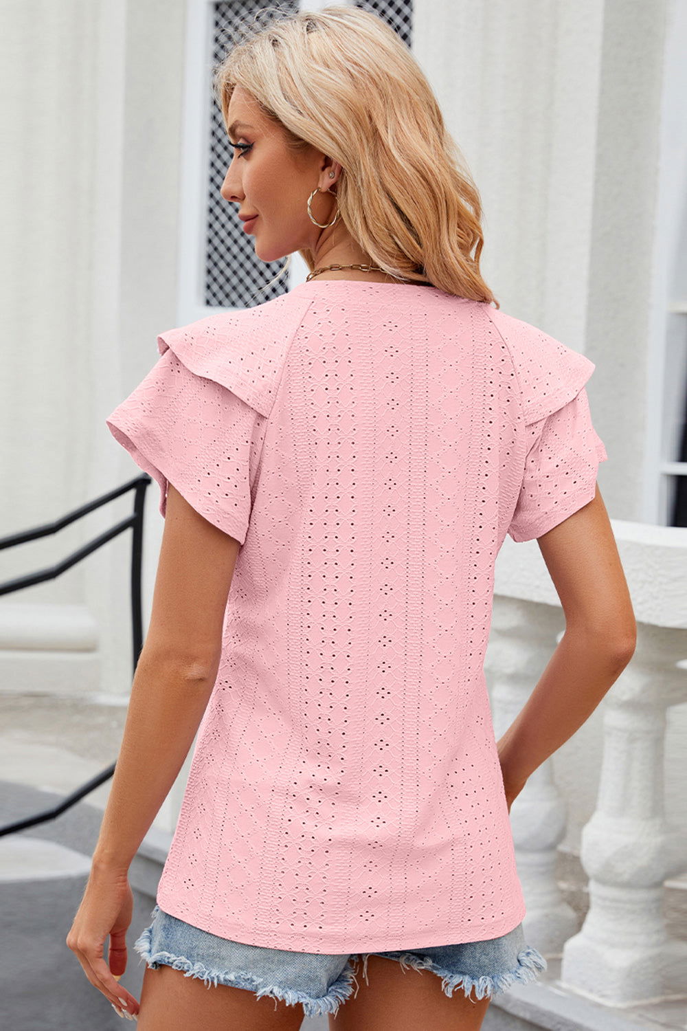 Eyelet Notched Flutter Sleeve T-Shirt - Hassle Free Cart